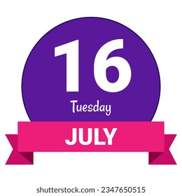 16 July, Tuesday. Date template. Useful design for calendar or event promotion. Vector illustration EPS 10 File. Isolated on white background. 