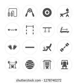 16 Jumping rope, Hand grip, Ball, Dumbbell, Machine, Gym gloves, Rings modern icons on round shapes, vector illustration, eps10, trendy icon set.