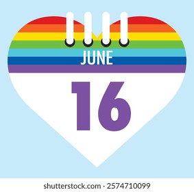 16 June calendar icon pride color heart shape on light sky blue color background, calendar vector symbol for the month of  June.