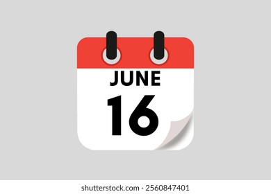 16 June calendar icon text page monthly web design on red, white, black and ash background vector, icon, or illustration with the month of June 16