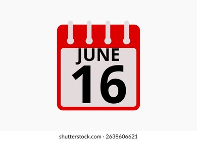 16 June calendar icon text page monthly web design on red, black and white background vector, icon, or illustration with the month of June 16
