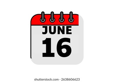 16 June calendar icon text page monthly web design on red, black and white background vector, icon, or illustration with the month of June 16