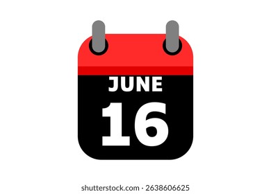 16 June calendar icon text page monthly web design on red, black and white background vector, icon, or illustration with the month of June 16