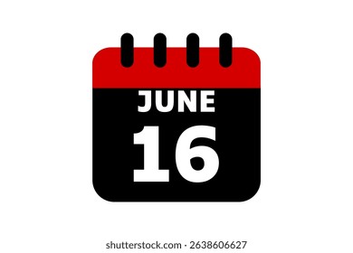 16 June calendar icon text page monthly web design on red, black and white background vector, icon, or illustration with the month of June 16