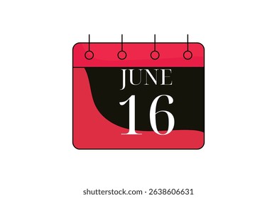 16 June calendar icon text page monthly web design on red, black and white background vector, icon, or illustration with the month of June 16