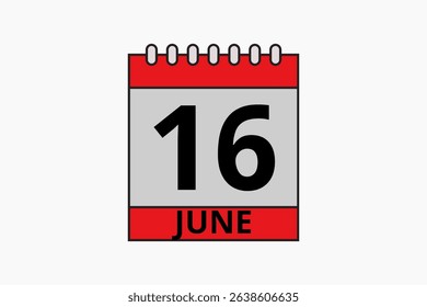 16 June calendar icon text page monthly web design on red, black and white background vector, icon, or illustration with the month of June 16