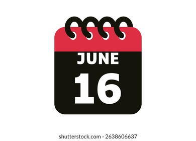 16 June calendar icon text page monthly web design on red, black and white background vector, icon, or illustration with the month of June 16