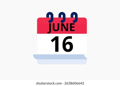 16 June calendar icon text page monthly web design on red, black and white background vector, icon, or illustration with the month of June 16