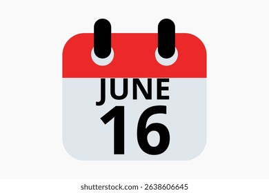 16 June calendar icon text page monthly web design on red, black and white background vector, icon, or illustration with the month of June 16