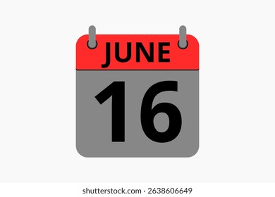 16 June calendar icon text page monthly web design on red, black and white background vector, icon, or illustration with the month of June 16