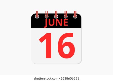 16 June calendar icon text page monthly web design on red, black and white background vector, icon, or illustration with the month of June 16