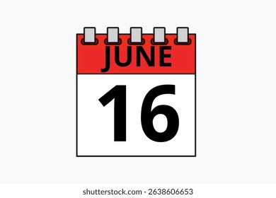16 June calendar icon text page monthly web design on red, black and white background vector, icon, or illustration with the month of June 16