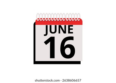 16 June calendar icon text page monthly web design on red, black and white background vector, icon, or illustration with the month of June 16