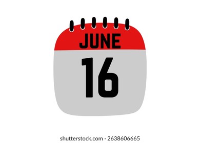 16 June calendar icon text page monthly web design on red, black and white background vector, icon, or illustration with the month of June 16