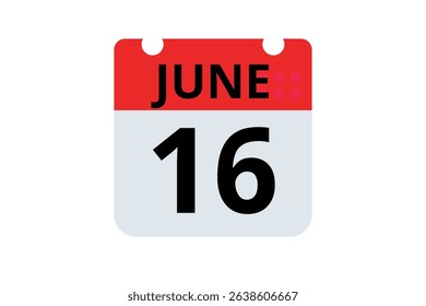 16 June calendar icon text page monthly web design on red, black and white background vector, icon, or illustration with the month of June 16