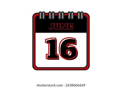 16 June calendar icon text page monthly web design on red, black and white background vector, icon, or illustration with the month of June 16