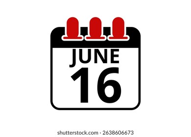 16 June calendar icon text page monthly web design on red, black and white background vector, icon, or illustration with the month of June 16