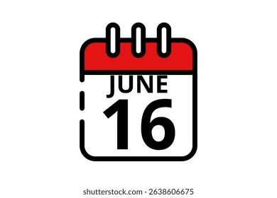 16 June calendar icon text page monthly web design on red, black and white background vector, icon, or illustration with the month of June 16