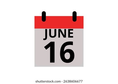 16 June calendar icon text page monthly web design on red, black and white background vector, icon, or illustration with the month of June 16