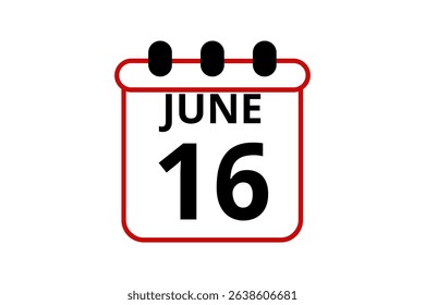16 June calendar icon text page monthly web design on red, black and white background vector, icon, or illustration with the month of June 16