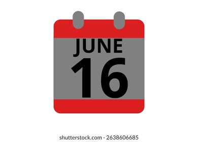 16 June calendar icon text page monthly web design on red, black and white background vector, icon, or illustration with the month of June 16