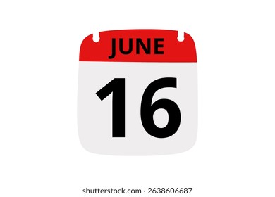 16 June calendar icon text page monthly web design on red, black and white background vector, icon, or illustration with the month of June 16