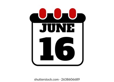 16 June calendar icon text page monthly web design on red, black and white background vector, icon, or illustration with the month of June 16