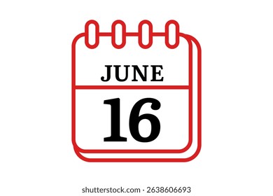 16 June calendar icon text page monthly web design on red, black and white background vector, icon, or illustration with the month of June 16