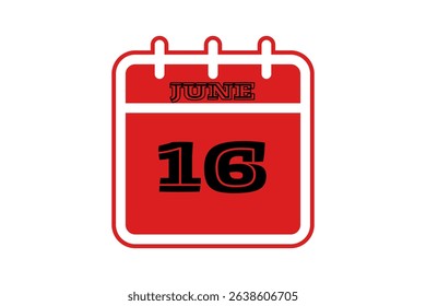 16 June calendar icon text page monthly web design on red, black and white background vector, icon, or illustration with the month of June 16