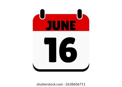 16 June calendar icon text page monthly web design on red, black and white background vector, icon, or illustration with the month of June 16