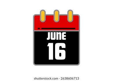 16 June calendar icon text page monthly web design on red, black and white background vector, icon, or illustration with the month of June 16
