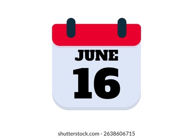16 June calendar icon text page monthly web design on red, black and white background vector, icon, or illustration with the month of June 16