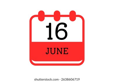 16 June calendar icon text page monthly web design on red, black and white background vector, icon, or illustration with the month of June 16