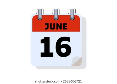 16 June calendar icon text page monthly web design on red, black and white background vector, icon, or illustration with the month of June 16