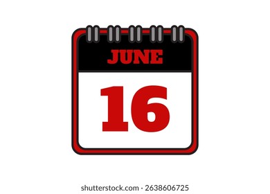 16 June calendar icon text page monthly web design on red, black and white background vector, icon, or illustration with the month of June 16