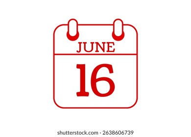 16 June calendar icon text page monthly web design on red, black and white background vector, icon, or illustration with the month of June 16