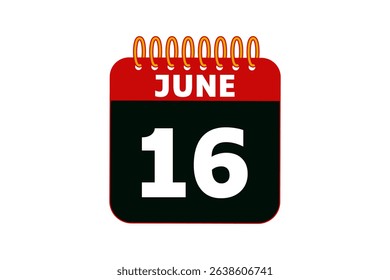 16 June calendar icon text page monthly web design on red, black and white background vector, icon, or illustration with the month of June 16