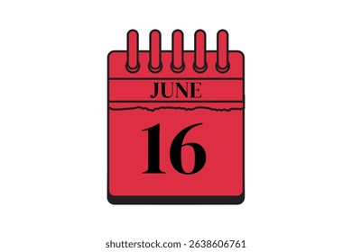 16 June calendar icon text page monthly web design on red, black and white background vector, icon, or illustration with the month of June 16