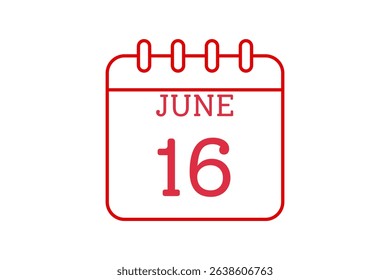 16 June calendar icon text page monthly web design on red, black and white background vector, icon, or illustration with the month of June 16