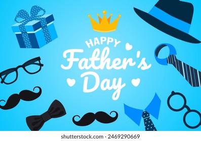 16 June is Happy Father's Day poster or banner template with necktie and gift box on blue background. use to banner, placard, card, and poster design template. vector illustration.