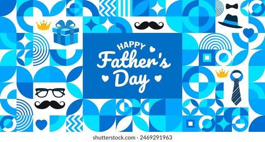 16 June is Happy Father's Day geometric shape pattern blue background template with necktie and gift box. use to banner, placard, card, and poster design template. vector illustration.