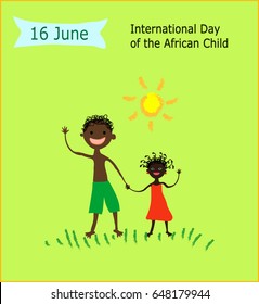 16 June International Day Of The African Child.Children's Drawing Style Vector Illustration.African Boy And African Girl Waving Their Hand In Greeting On Green Background.