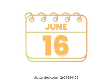 16 junho mês vetor dia único, ilustração, calendário com laranja, amarelo, marrom e branco ícone de calendário de fundo de cor de junho 16