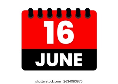 16 June month single day vector, illustration, calendar with red, black and white color background calendar icon of June 16