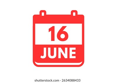 16 junho mês vetor dia único, ilustração, calendário com vermelho e branco ícone de calendário de fundo de cor de 16 de junho