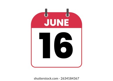 16 junho mês vetor dia único, ilustração, calendário com vermelho, preto e branco ícone de calendário de fundo de cor de 16 de junho