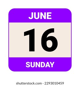 16 de junio, domingo. Plantilla de fecha. Diseño útil para la promoción de calendarios o eventos. Ilustración vectorial Archivo EPS 10. Aislado sobre fondo blanco. 