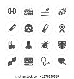 16 Kidney, Epidermis, Cardiogram, Dna, Brain, Heart, Syringe, Antibiotic, Pill modern icons on round shapes, vector illustration, eps10, trendy icon set.