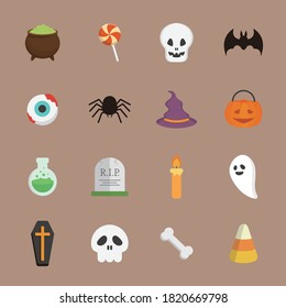16 kinds of Halloween elements, cute, cartoon comic vector illustration, isolated, set