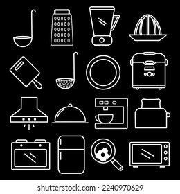 16 kitchen set vector icon isolated on black background, cookware, kitchenware